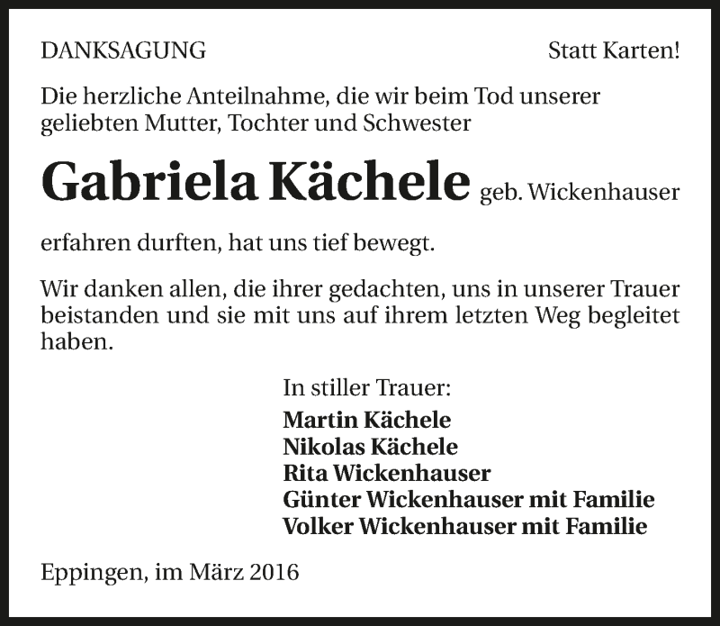 Traueranzeige für Gabriela Kächele vom 17.03.2016 aus 