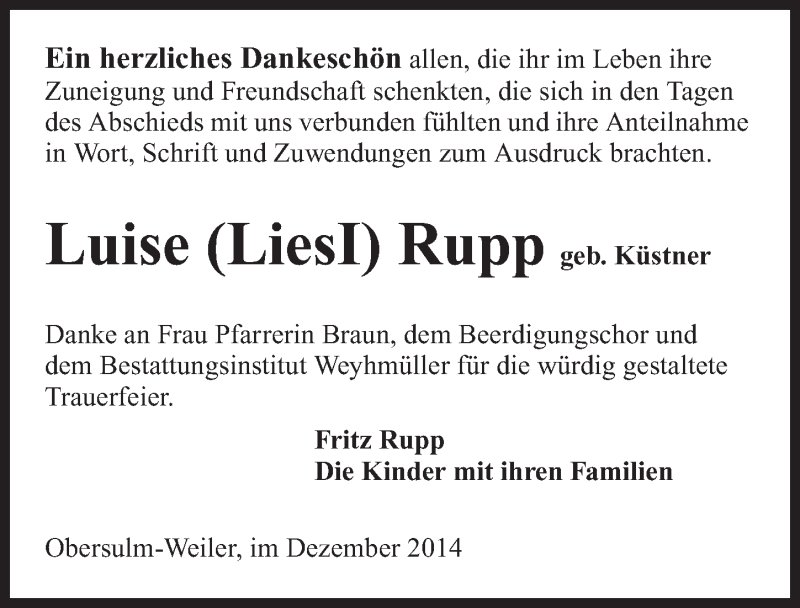  Traueranzeige für Luise Rupp vom 20.12.2014 aus 