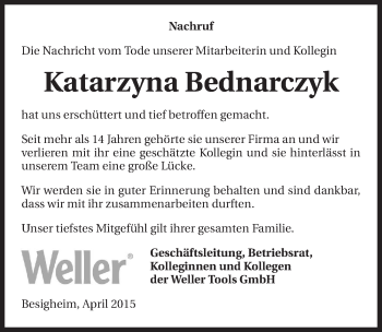 Traueranzeige von Katarzyna Bednarczyk 