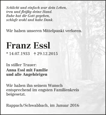 Traueranzeige von Franz Essl 