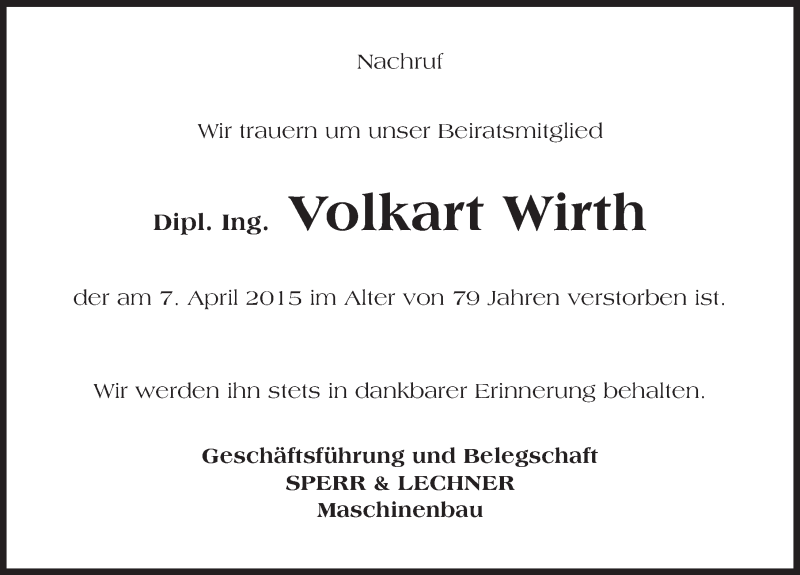  Traueranzeige für Volkart Wirth vom 15.04.2015 aus 