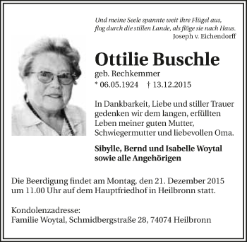 Traueranzeige von Ottilie Buschle 