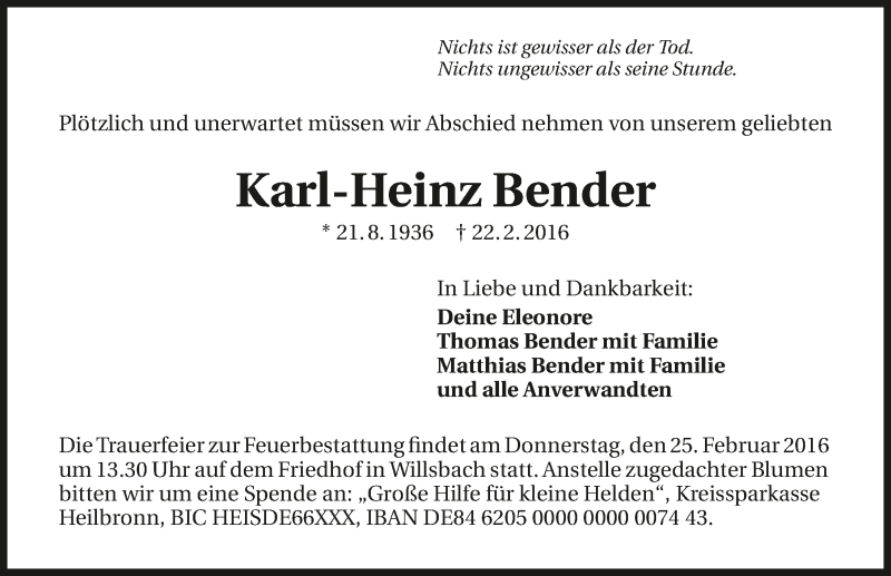  Traueranzeige für Karl-Heinz Bender vom 24.02.2016 aus 