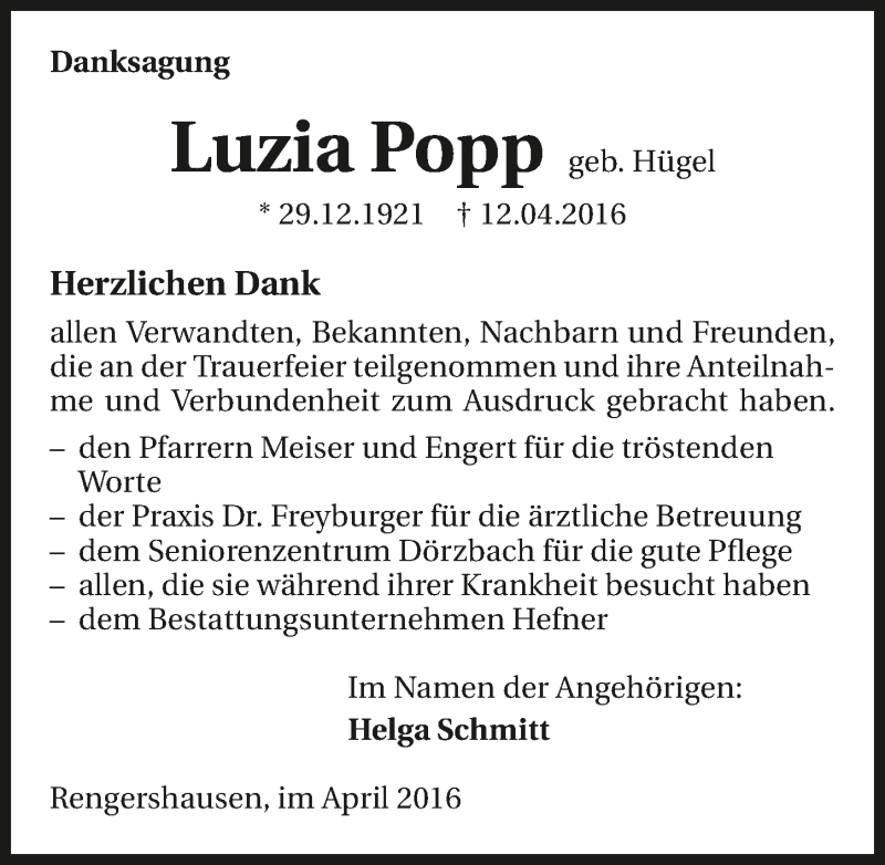 Traueranzeige für Luzia Popp vom 29.04.2016 aus 