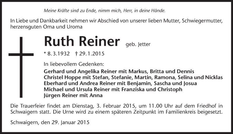  Traueranzeige für Ruth Reiner vom 02.02.2015 aus 