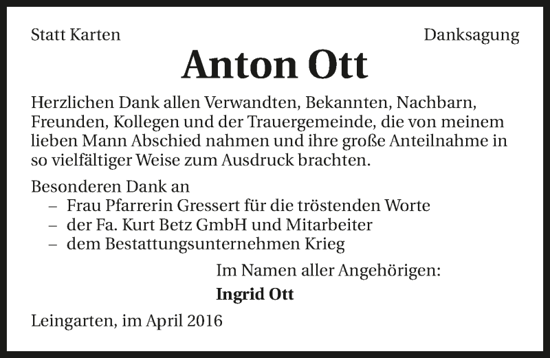  Traueranzeige für Anton Ott vom 16.04.2016 aus 