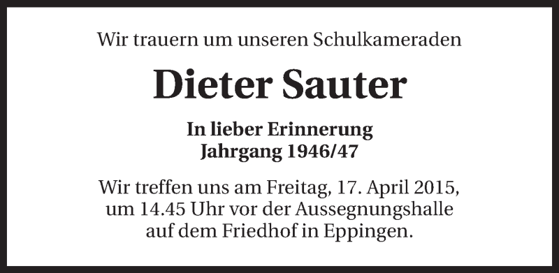  Traueranzeige für Dieter Sauter vom 14.04.2015 aus 