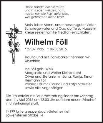 Traueranzeige von Wilhelm Föll 