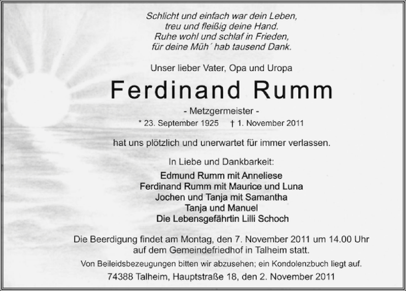  Traueranzeige für Ferdinand Rumm vom 02.11.2011 aus 