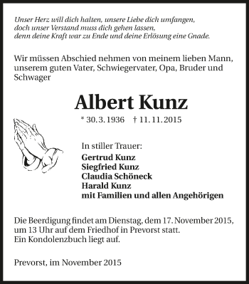 Traueranzeige von Albert Kunz 