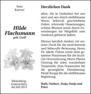 Traueranzeige von Hilde Flachsmann 