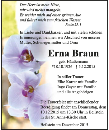 Traueranzeige von Erna Braun 