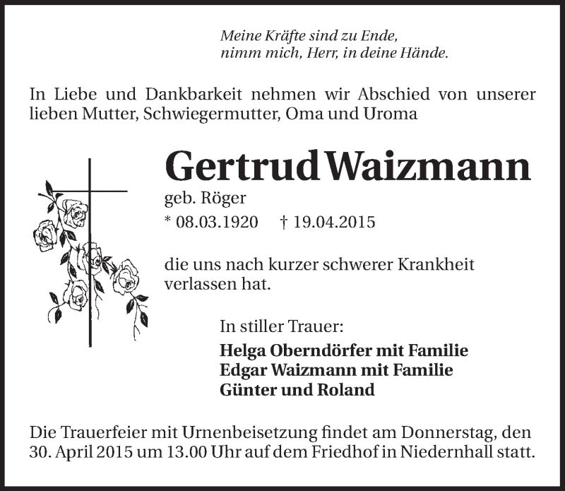  Traueranzeige für Gertrud Waizmann vom 28.04.2015 aus 