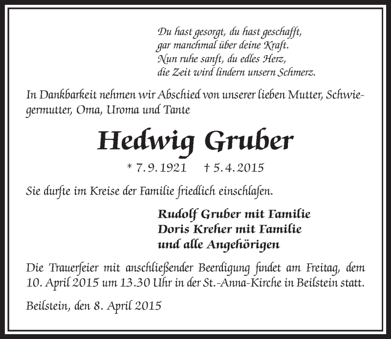  Traueranzeige für Hedwig Gruber vom 08.04.2015 aus 