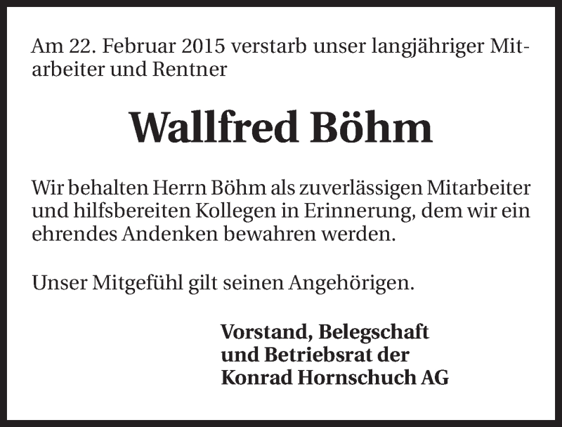  Traueranzeige für Wallfred Böhm vom 04.03.2015 aus 