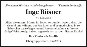 Traueranzeige von Inge Rösner 