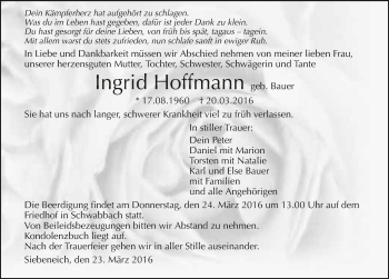 Traueranzeige von Ingrid Hoffmann 