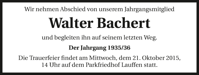  Traueranzeige für Walter Bachert vom 20.10.2015 aus 