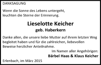 Traueranzeige von Lieselotte Keicher 