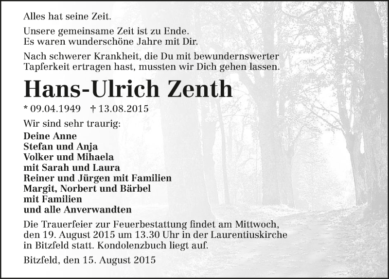  Traueranzeige für Hans-Ulrich Zenth vom 15.08.2015 aus 