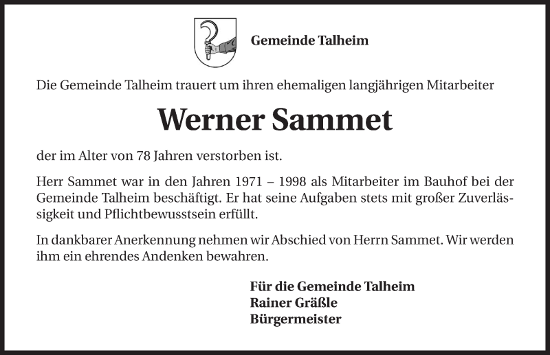  Traueranzeige für Werner Sammet vom 10.02.2015 aus 