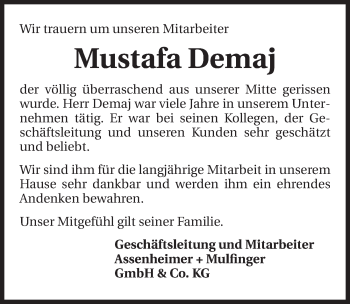 Traueranzeige von Mustafa Demaj 