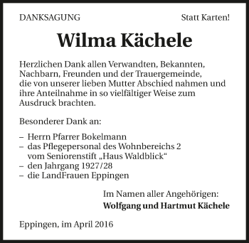 Traueranzeige von Wilma Kächele 