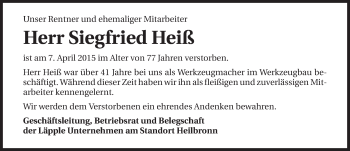 Traueranzeige von Siegfried Heiß 