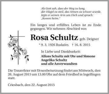 Traueranzeige von Rosa Schultz 