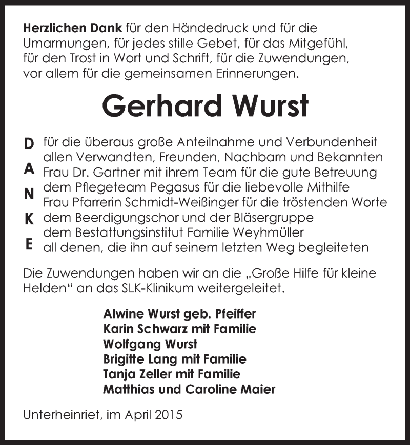  Traueranzeige für Gerhard Wurst vom 01.04.2015 aus 