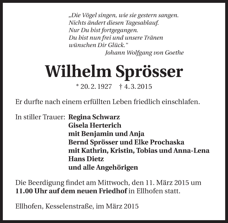  Traueranzeige für Wilhelm Sprösser vom 07.03.2015 aus 