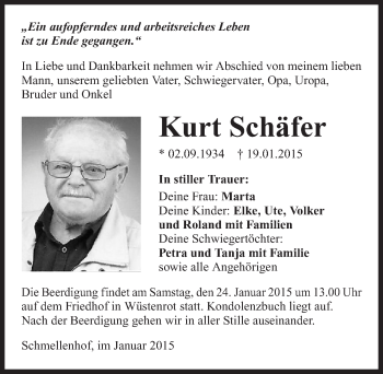 Traueranzeige von Kurt Schäfer 