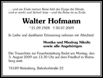 Traueranzeige von Walter Hofmann 