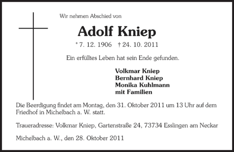  Traueranzeige für Adolf Kniep vom 28.10.2011 aus 