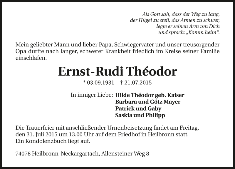  Traueranzeige für Ernst-Rudi Théodor vom 27.07.2015 aus 