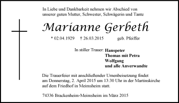 Traueranzeige von Marianne Gerbeth 
