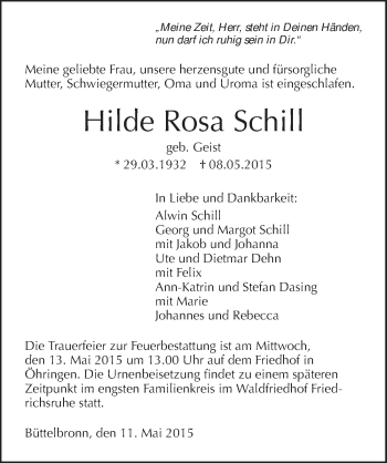 Traueranzeige von Hilde Rosa Schill 