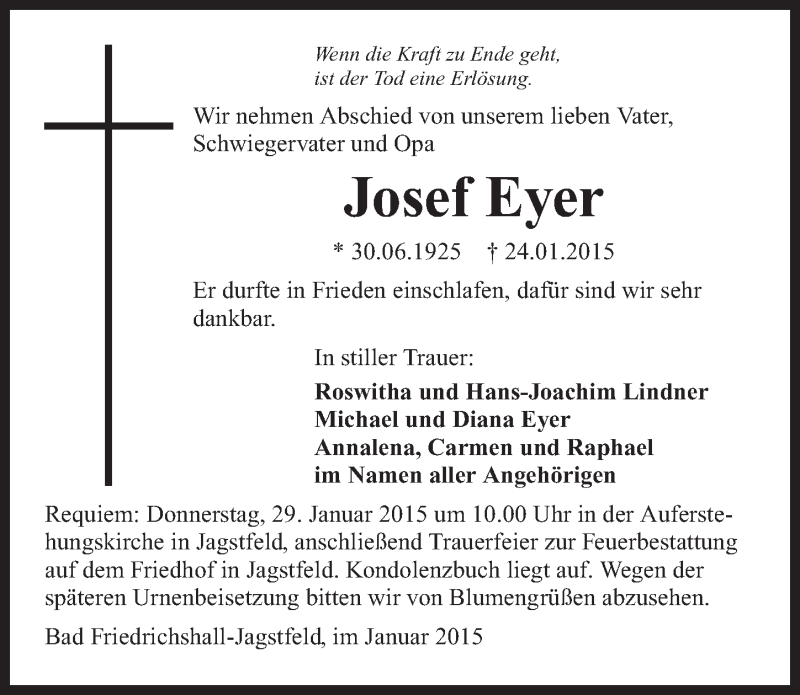 Traueranzeige für Josef Eyer vom 27.01.2015 aus 