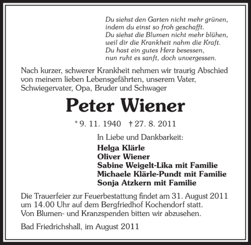  Traueranzeige für Peter Wiener vom 30.08.2011 aus 