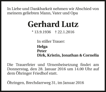 Traueranzeige von Gerhard Lutz 