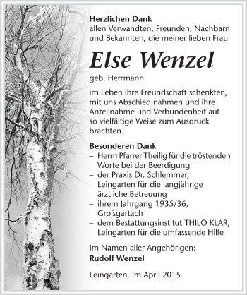 Traueranzeige von Else Wenzel 