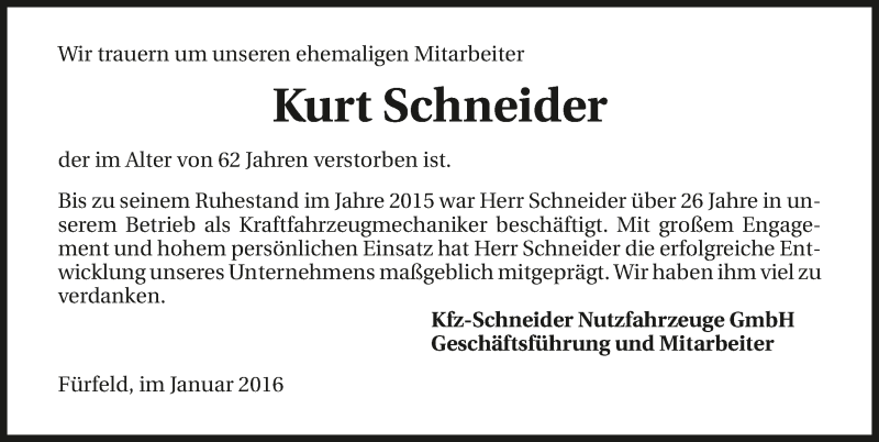  Traueranzeige für Kurt Schneider vom 22.01.2016 aus 