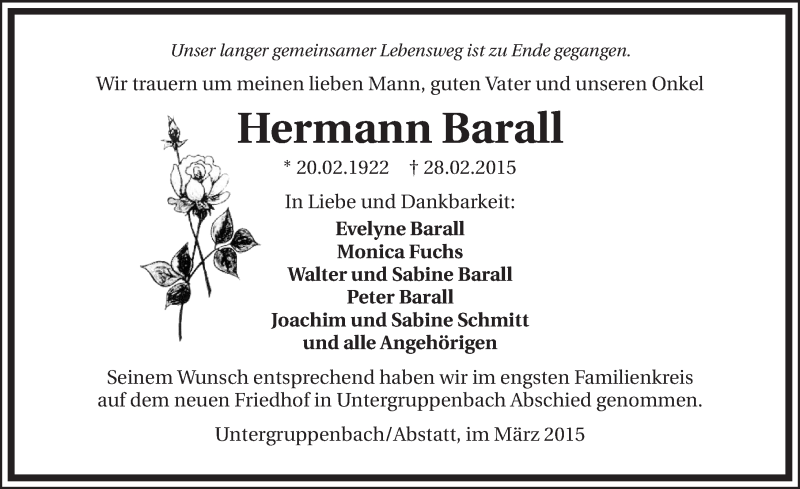  Traueranzeige für Hermann Barall vom 14.03.2015 aus 
