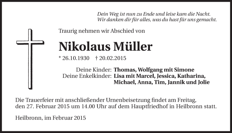  Traueranzeige für Nikolaus Müller vom 25.02.2015 aus 