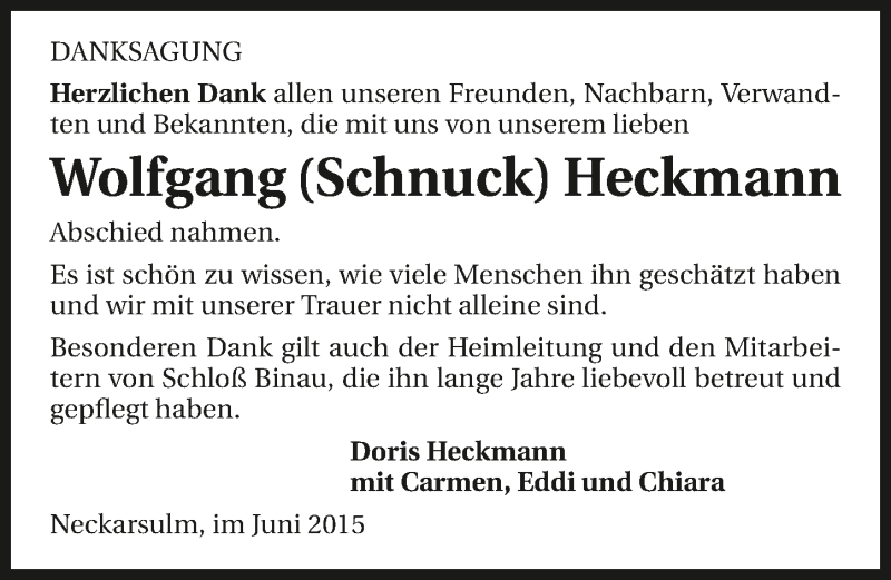  Traueranzeige für Wolfgang Heckmann vom 30.06.2015 aus 