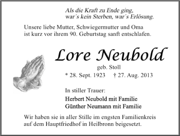 Traueranzeige von Lore Neubold 