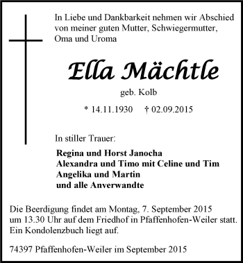Traueranzeige von Ella Mächtle 