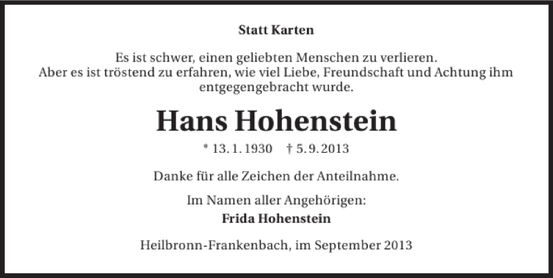  Traueranzeige für Hans Hohenstein vom 16.09.2013 aus 