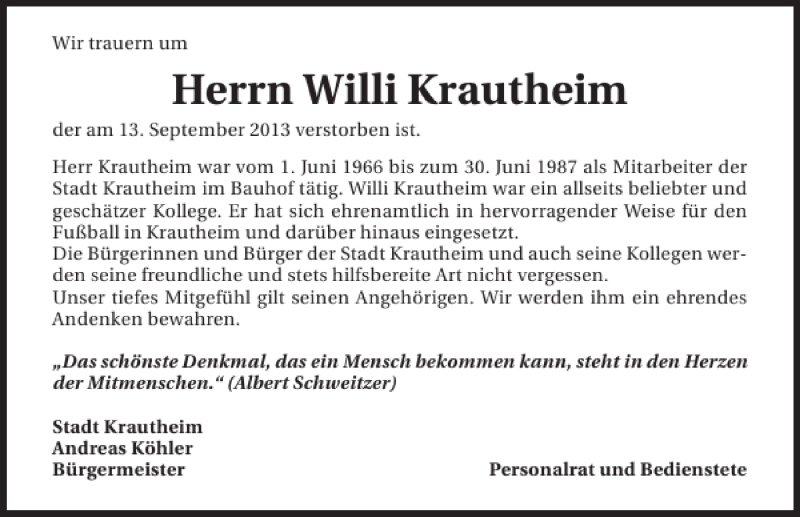  Traueranzeige für Willi Krautheim vom 18.09.2013 aus 
