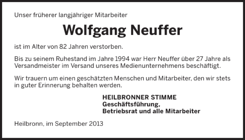  Traueranzeige für Wolfgang Neuffer vom 24.09.2013 aus 